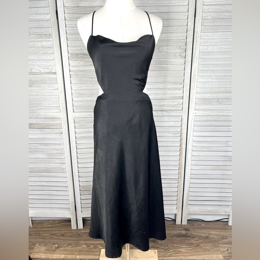 ROBERTSON + RODEO Draped Neck Silky Dress w Strappy Open Back Black-Small